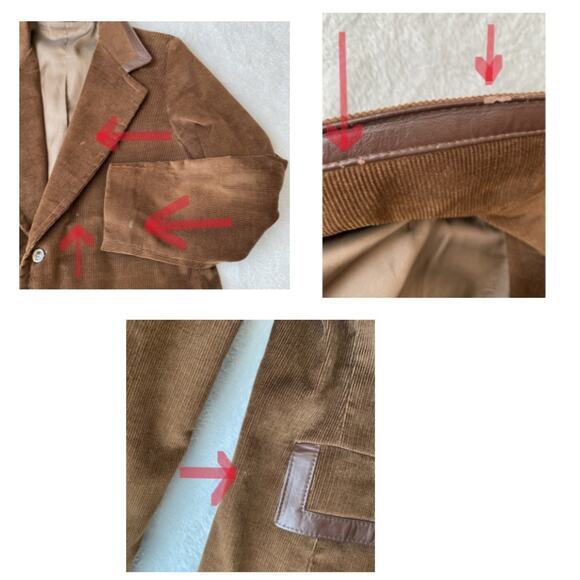 VTG 70s Peak Lapel Corduroy Blazer Jacket Sport Coat Men 46 Brown Leather Trim - Picture 9 of 9